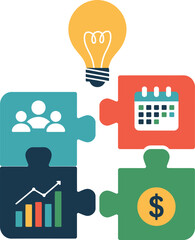 Puzzle pieces with business icons forming an idea with a light bulb above