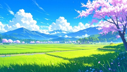 Stunning anime landscape bursts with vibrant spring colors, showcasing rolling green fields, majestic mountains, and delicate cherry blossoms under a bright blue sky, Anime style