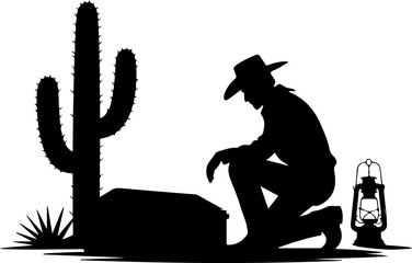 Western Cowboy Silhouette Finding Treasure Beside Cactus with Lantern