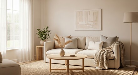 Cozy Neutral Living Room With Natural Textures And Warm Lighting