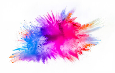 Dynamic burst of bright multicolored powder on a white background, perfect for artistic, energetic, festive, and creative design projects needing abstract vibrance.
