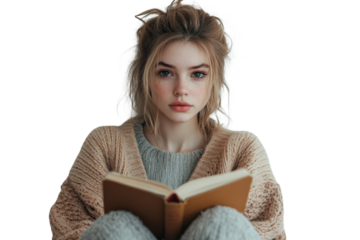 Young woman with blonde hair reading a book wearing a cozy sweater in a relaxed and comfortable setting on transparent background