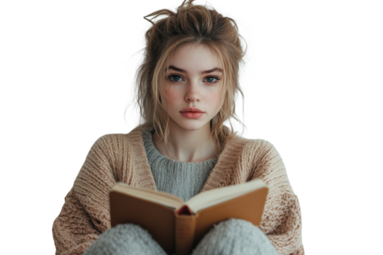 Young woman with blonde hair reading a book wearing a cozy sweater in a relaxed and comfortable setting on transparent background - Powered by Adobe