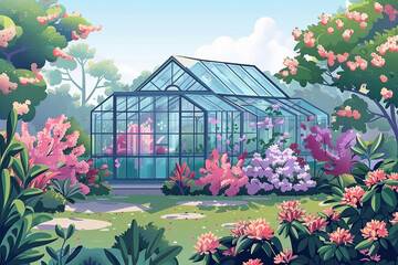 Enchanting greenhouse nestled amidst a flourishing garden paradise in spring
