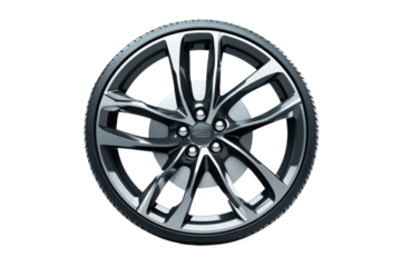 Sleek chrome car wheel with modern design and tire showcasing automotive engineering on transparent background
