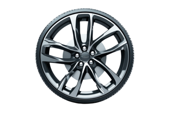Sleek chrome car wheel with modern design and tire showcasing automotive engineering on transparent background