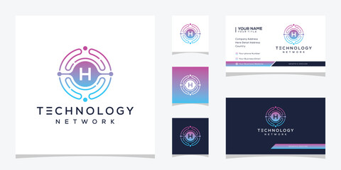 Initial letter h digital technology network logo design, circle symbol icon concept, business card vector template