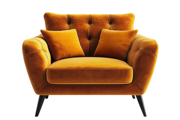 Fototapeta premium Modern mustard yellow velvet armchair with tufted back and wooden legs isolated on Transparent Background
