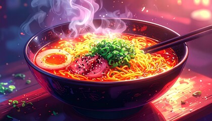 Steaming hot bowl of delicious ramen noodles with perfectly cooked egg, tender meat slices, and fresh green onions, a vibrant culinary delight, Anime style