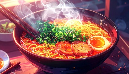 Steaming hot bowl of delicious ramen noodles with perfectly cooked egg, tender meat slices, and fresh green onions, a vibrant culinary delight, Anime style