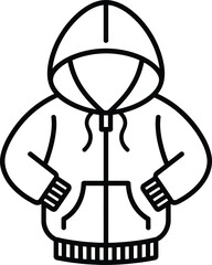 Simple line drawing of a hoodie with pockets and drawstring front zip closure casual wear icon