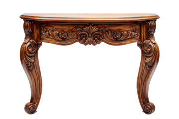 Ornate wooden console table with carved details and curved legs against a showcases craftsmanship on transparent background