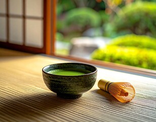 Experience serene morning ritual with steaming matcha tea and traditional whisk, inviting tranquility and mindful moments bathed in soft sunlight.