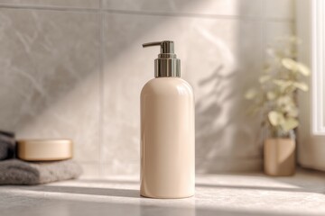 Beige cosmetic plastic bottle with pump packaging for cream, lotion, medicine, shampoo or liquid soap on light bathroom background. Clean bath. Blank skincare beauty product tube template. Empty jar