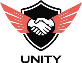 United partnership shield with wings and unity text symbolizing trust and success