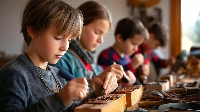 A group of kids stamping patterns into leather bookmarks, mallets tapping, designs appearing quickly, tools scattered around, blurred background, with copy space