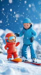 Cartoon illustration of a man and child enjoying snowboarding together in a winter landscape, surrounded by snow-covered mountains and falling snowflakes, capturing joyful moments of winter fun