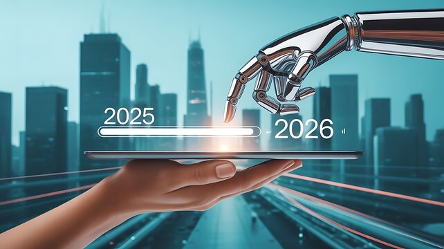 Anticipating 2026 a robotic hand interacts with a digital tablet, forecasting technological advancements in the urban landscape of the future