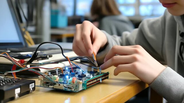 Teens tapping keyboards while Arduino LEDs flash rapidly, wires rearranged quickly, sensors tested with hand movements, blurred background, with copy space