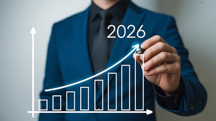 A businessman drawing a rising graph with 2026, representing business growth and financial success