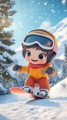 Cartoon child in bright winter gear snowboarding down a snowy slope, surrounded by pine trees and a bright blue sky, capturing the joy of winter sports and adventure
