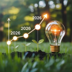 The concept of green energy and sustainable development is depicted with a light bulb, plants, and a rising graph