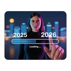 Young woman touching a digital screen showing a progress bar from 2025 to 2026 with a cityscape in the background isolated on white background