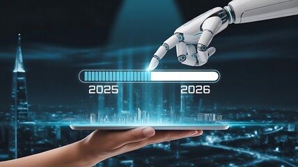 Artificial intelligence hand touching a digital tablet screen showing a progress bar from 2025 to 2026 over a cityscape