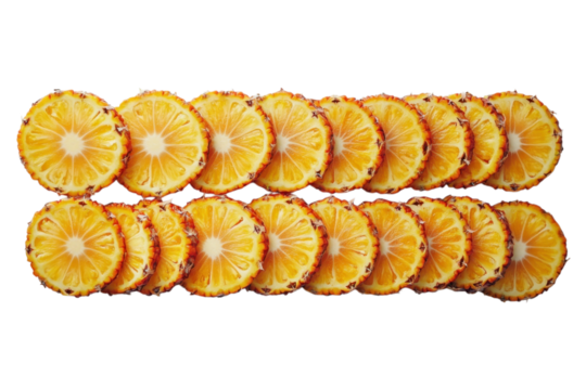Sliced pineapple fruit arranged in rows against a for tropical themes on transparent background