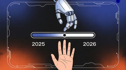 The progress bar between 2025 and 2026 shows the transition from human to robot, representing technological advancement