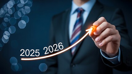 A businessman drawing an arrow pointing upwards, representing growth towards the year 2026, symbolizing business success and financial goals
