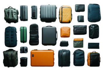 Collection of modern luggage and travel bags in various styles colors and sizes against a black backdrop on transparent background