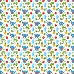 Tropical Summer Seamless Pattern with Vejigante Masks and Pineapples.