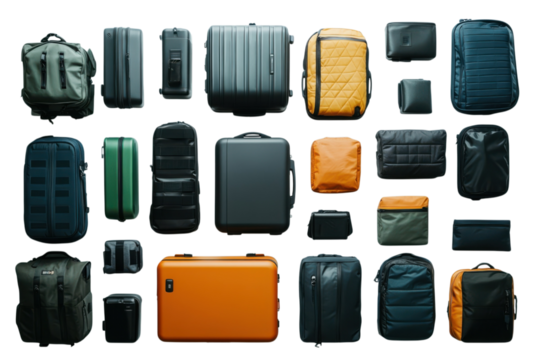 Collection of modern luggage and travel bags in various styles colors and sizes against a black backdrop on transparent background