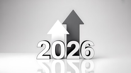 The year 2026 with two arrows pointing upwards, symbolizing growth and progress isolated on white background