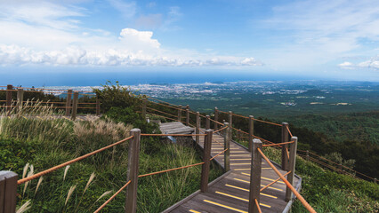 Fototapeta premium Hallasan National Park, Jeju island, South Korea, vibrant view of trail with a wooden ladder path stairs, trekking and climbing, stairway to Halla mountain summit, hiking in Korea, Jeju-do, sunny day