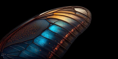 Stunning macro of a butterfly wing, showcasing vibrant blue, golden, and orange intricate patterns on a black background. Detailed insect wing texture, biology, and abstract nature art.