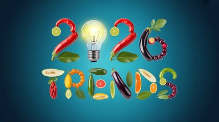 The year 2026 is spelled out using various fruits and vegetables, with a lightbulb replacing the zero on a blue background