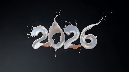 The year 2026 is spelled out using milk splashes on a dark background, creating a dynamic and fluid representation of the future