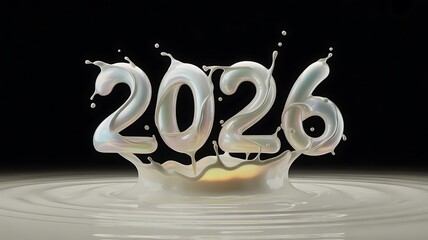 A splash of milk forms the number 2026 against a dark backdrop, symbolizing the upcoming year with a unique and creative twist