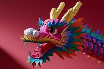 Obraz premium Colorful chinese dragon head with vibrant scales on red background
