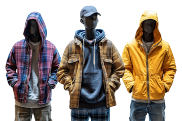 Three mannequins showcase stylish fall apparel including plaid jackets hoodies and a yellow hooded jacket on transparent background
