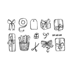 Whimsical sketch doodle elements set of Christmas gifts. Quirky hand drawn illustrations in linear style. Cute coquette vector illustration