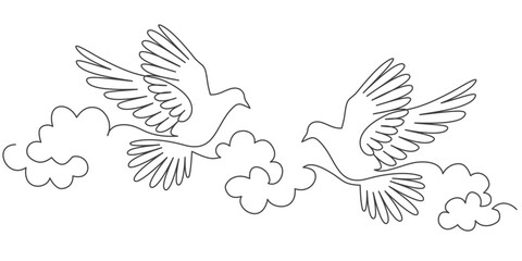 flying couple dove bird line art style vector illustration