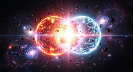 Obraz premium Two Colliding Stars In A Vibrant Nebula Creating A Bright Explosion