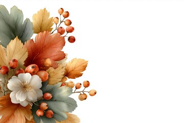 Autumn floral arrangement featuring vibrant leaves, berries, and a delicate flower, creating a warm and inviting atmosphere with ample copy space for design purposes