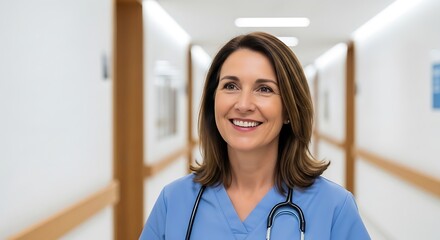 Smiling female nurse wearing scrubs and stethoscope in a hospital corridor
