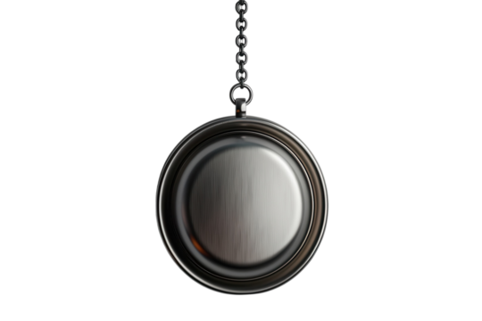 Silver locket pendant hangs from a delicate chain against a stark creating a minimalist aesthetic on transparent background