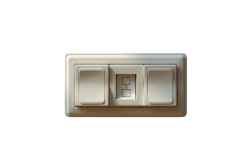 Close up of a light switch with two switches and a data port in a home setting for electrical use on transparent background