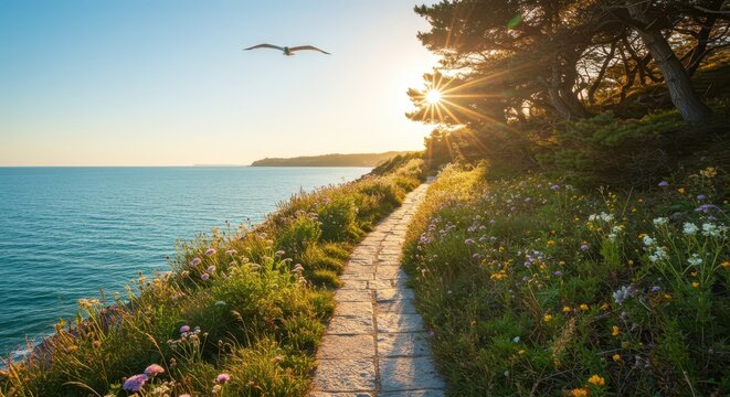 Majestic golden sunset illuminates a seaside stone pathway winding alongside the calm ocean, with a soaring bird and lush, vibrant wildflowers adding to the picturesque coastal scene, showcasing a...
